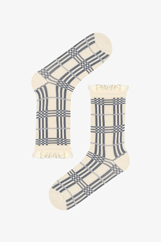 Plaid Lace Ekoseli Pamuklu 2 Çift Soket Çorap - 3