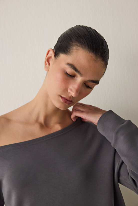 Gri Kayık Yaka Modal Önü Açık Sweatshirt - 3