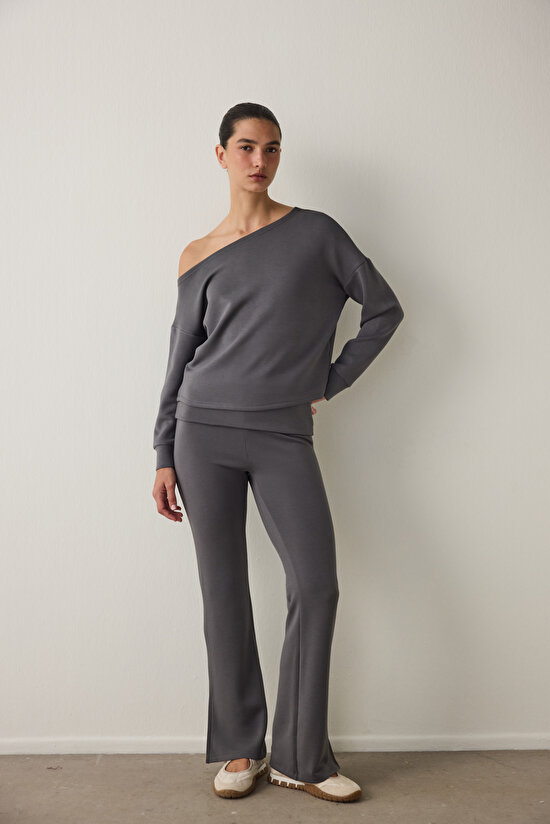 Gri Kayık Yaka Modal Önü Açık Sweatshirt - 5