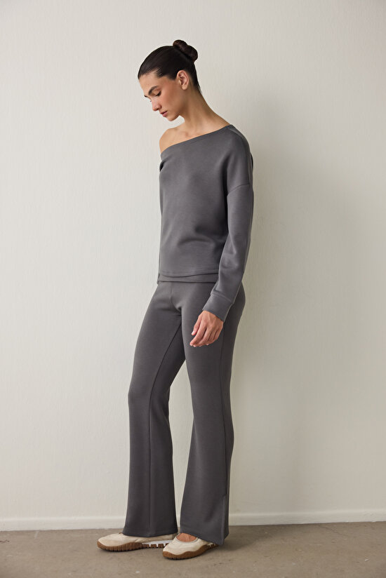 Gri Kayık Yaka Modal Önü Açık Sweatshirt - 6