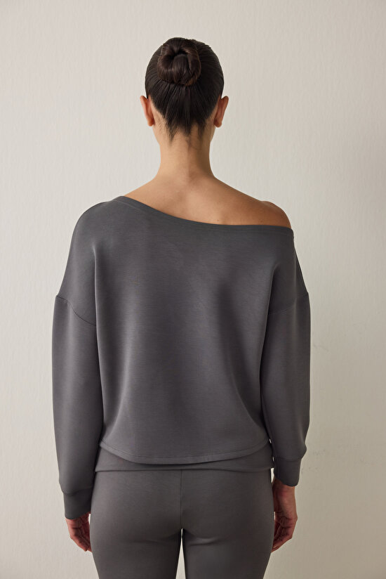 Gri Kayık Yaka Modal Önü Açık Sweatshirt - 7