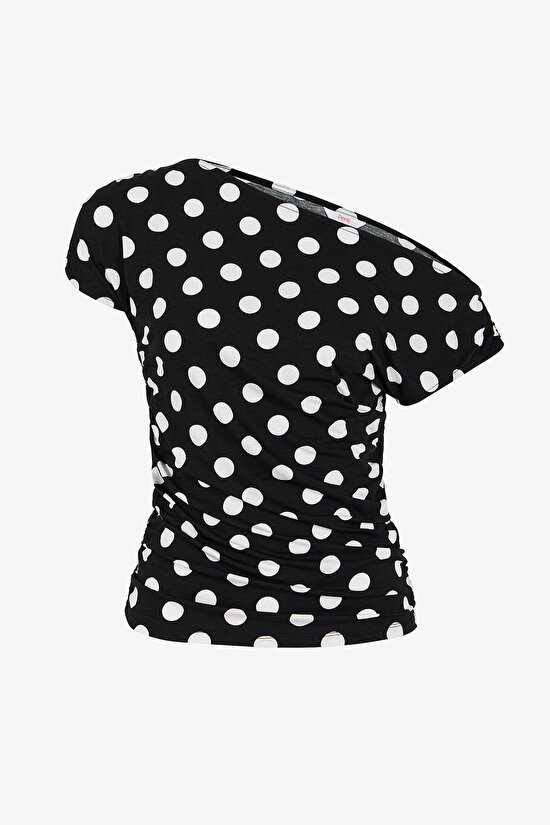 Puantiyeli Asimetrik Yaka Kısa Kollu Üst - 5