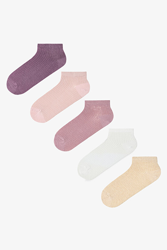 5 Çift Pamuklu Kendinden Desenli Patik Çorap - 1