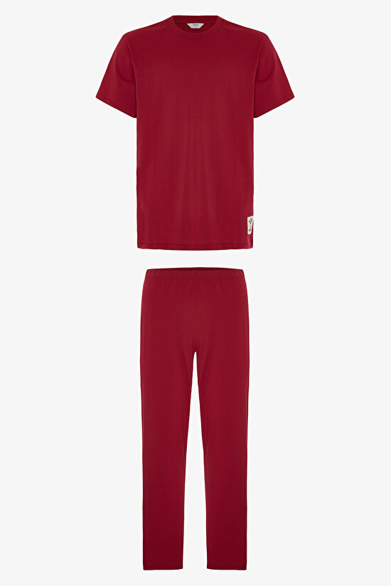 Bordo Erkek Slogan Baskılı Kısa Kollu Pamuklu Pijama Takımı - 1