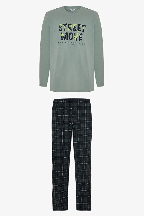 Move Erkek Slogan Baskılı Uzun Kollu Pamuklu Pijama Takımı - 4