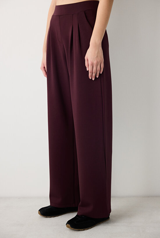 Koyu Mürdüm Yüksek Bel Pile Straight Pantolon - 3