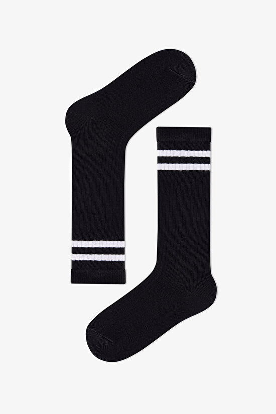 Kız Çocuk Siyah Sporty Black Fitilli Çizgili Pamuklu Pantolon Çorap - 1