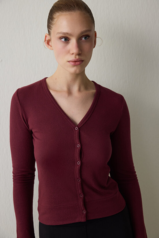 Burgundy V-Neck Long Sleeve Cardigan - 2