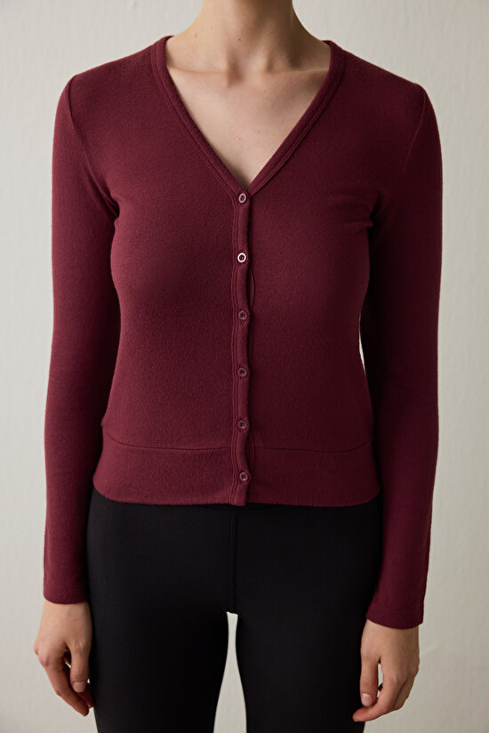 Burgundy V-Neck Long Sleeve Cardigan - 3