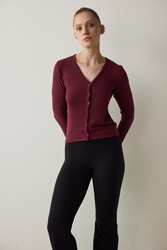 Burgundy V-Neck Long Sleeve Cardigan - 4
