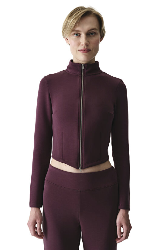 Burgundy Zip Neck Crew Neck Modal Sweatshirt - 1