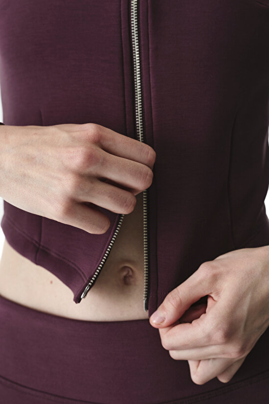 Burgundy Zip Neck Crew Neck Modal Sweatshirt - 4