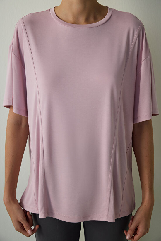 Lilac Crew Neck Stitch Detailed Modal Oversize T-Shirt - 3