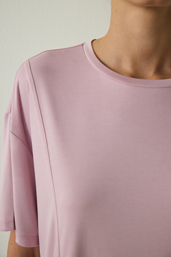 Lilac Crew Neck Stitch Detailed Modal Oversize T-Shirt - 4