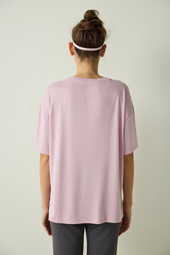 Lilac Crew Neck Stitch Detailed Modal Oversize T-Shirt - 5