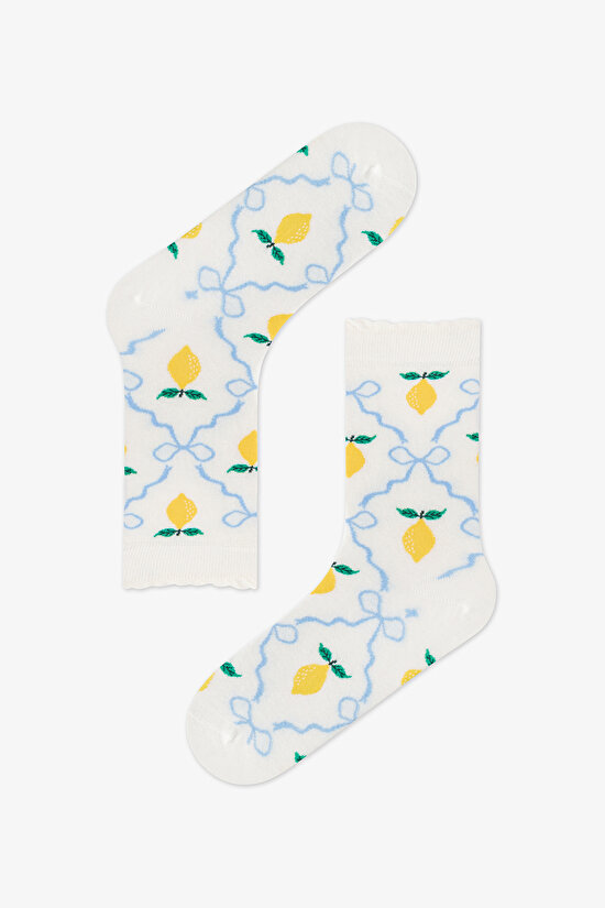 2 Çift Burun Dikişsiz Pamuklu Renkli Limon Desenli Fırfırlı Soket Çorap - 2