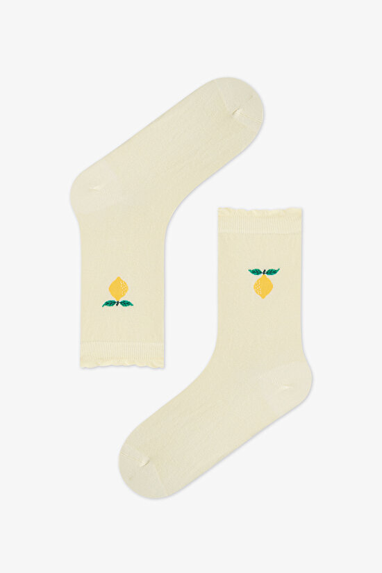 2 Çift Burun Dikişsiz Pamuklu Renkli Limon Desenli Fırfırlı Soket Çorap - 3