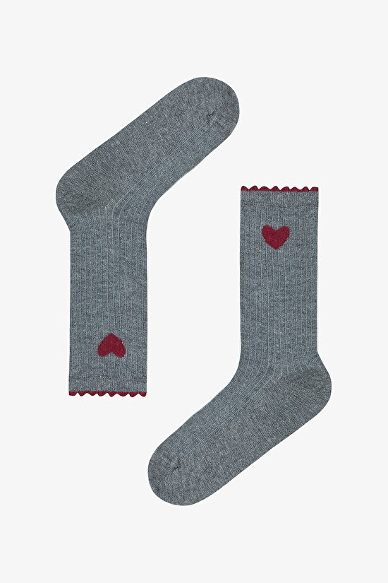 5 Çift Pamuklu Karışık Kalp Desenli Fırfırlı Soket Çorap - 6