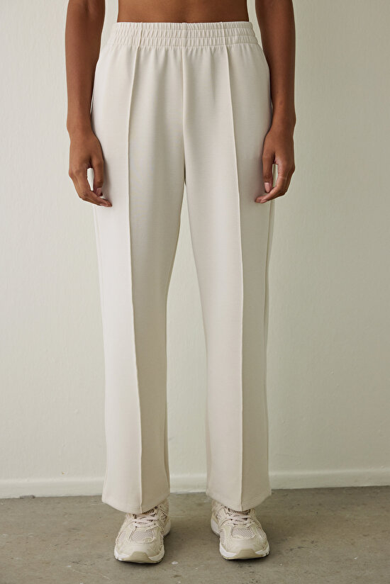 Beige Modal High Waist Straight Leg Trousers Beige Modal High Waist Straight Leg Trousers - 3