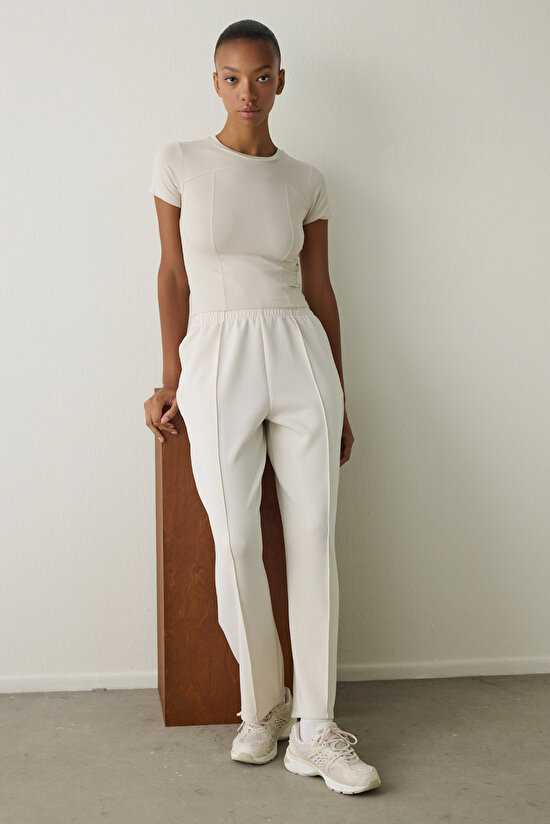 Beige Modal High Waist Straight Leg Trousers Beige Modal High Waist Straight Leg Trousers - 5