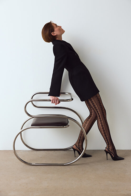 Siyah Amelia Geometrik Desenli File Külotlu Çorap - 5