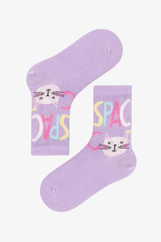 Kız Çocuk Space Cat Kedi Desenli Pamuklu 4 Çift Soket Çorap - 3