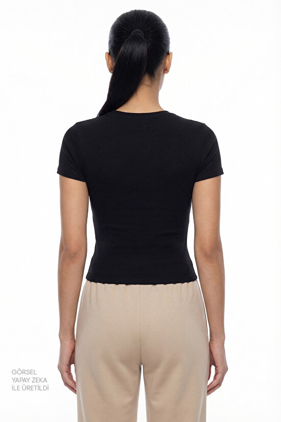 Black Crew Neck Crop T-Shirt - 2