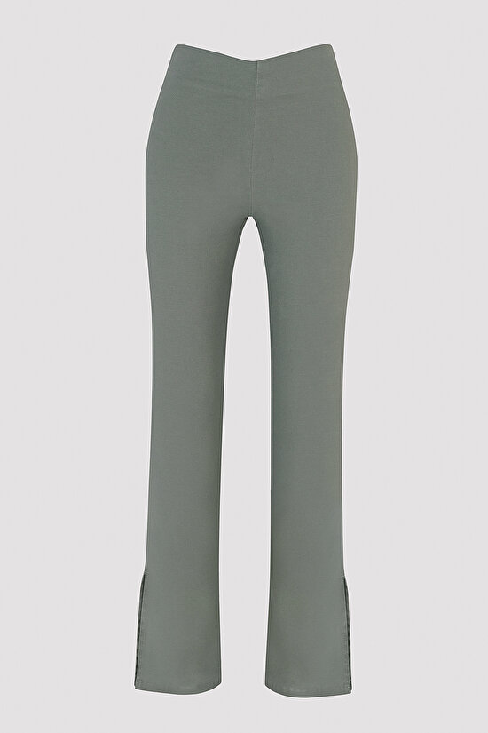 Haki Yüksek Bel Jean Görünümlü Flare Pantolon - 4