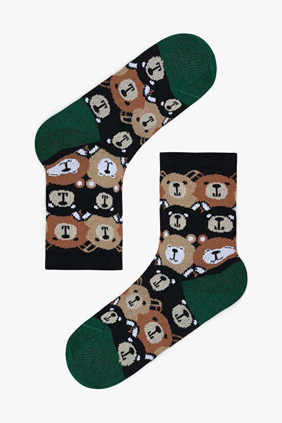 Siyah Erkek Çocuk Bear Friends Ayı Desenli 2'li Soket Çorap - 2