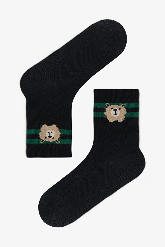 Siyah Erkek Çocuk Bear Friends Ayı Desenli 2'li Soket Çorap - 3