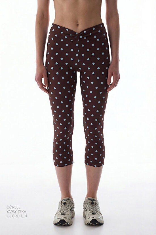 Kahverengi Puantiyeli Beli Büzgülü Pamuklu Kapri Tayt - 2
