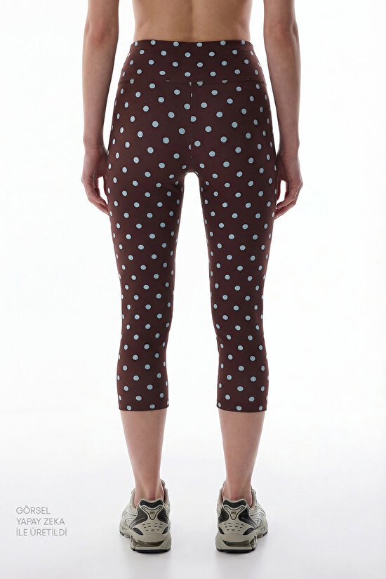 Kahverengi Puantiyeli Beli Büzgülü Pamuklu Kapri Tayt - 3