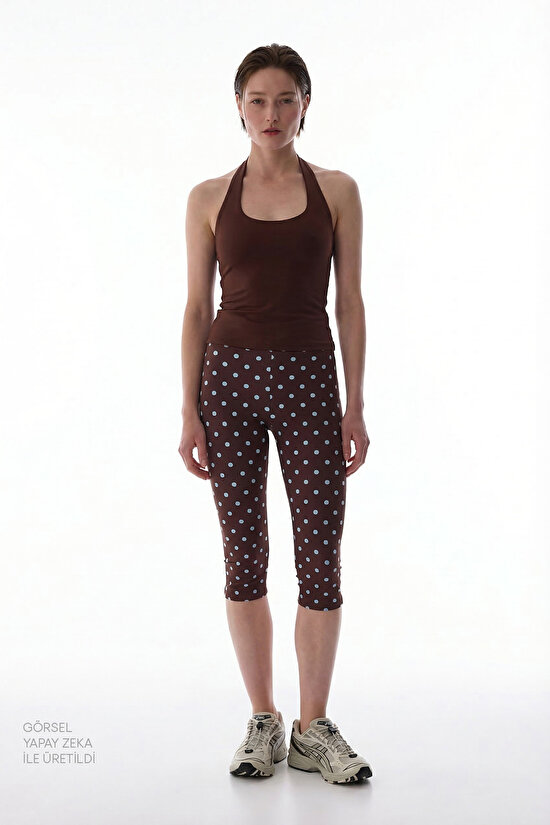 Kahverengi Puantiyeli Beli Büzgülü Pamuklu Kapri Tayt - 4