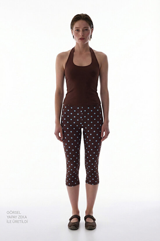 Kahverengi Puantiyeli Beli Büzgülü Pamuklu Kapri Tayt - 5