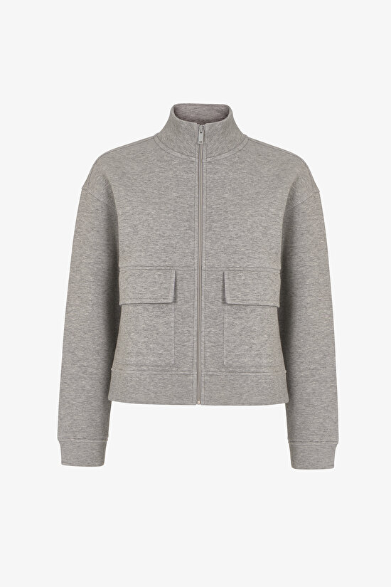Grey Melange Black White Pocket Detailed Scuba Long Sleeve Jacket