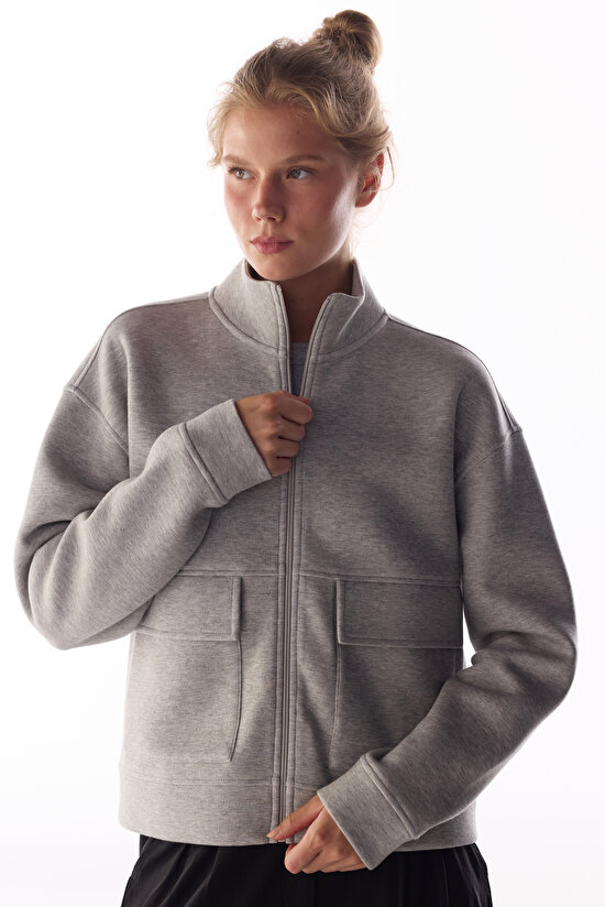 Grey Melange Black White Pocket Detailed Scuba Long Sleeve Jacket - 2