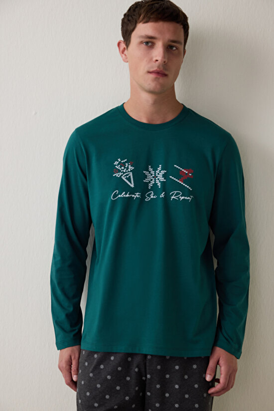 Yeşil Erkek Bisiklet Yaka Ekoseli Pamuklu Pijama Takımı - 2