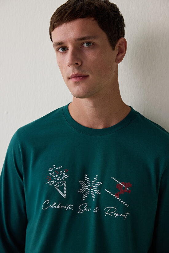 Yeşil Erkek Bisiklet Yaka Ekoseli Pamuklu Pijama Takımı - 3