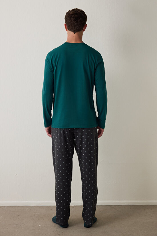 Yeşil Erkek Bisiklet Yaka Ekoseli Pamuklu Pijama Takımı - 5