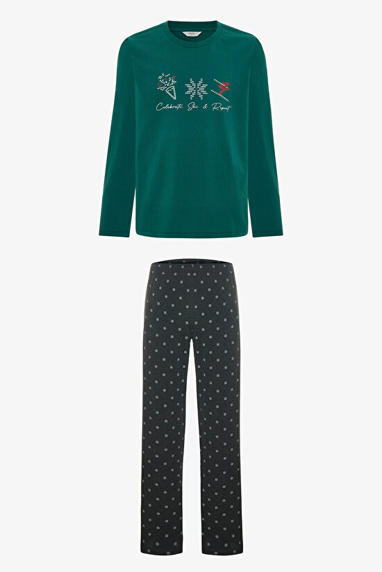 Green Man Crew Neck Plaid Cotton Pajama Set - 6