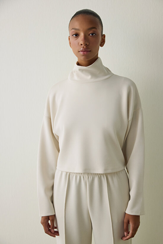 Beige Turtleneck Long Sleeve Modal Top - 3