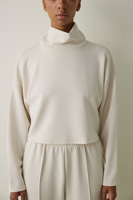 Beige Turtleneck Long Sleeve Modal Top - 5