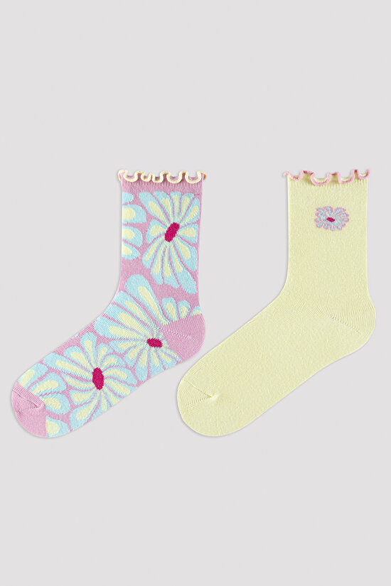 Kız Çocuk Çiçek Desenli 2li Soket Çorap - 1