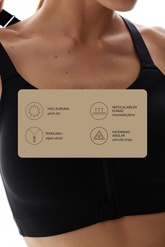Black Power Zip Front Fixed Padding Sports Bra - 3