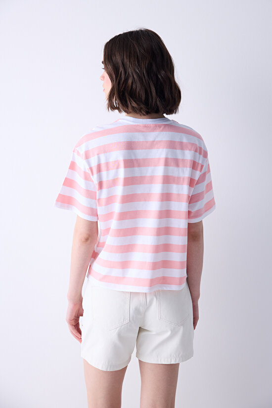 Kısa Kollu Pembe Çizgili Crop Tişört Kısa Kollu Pembe Çizgili Crop Tişört - 5