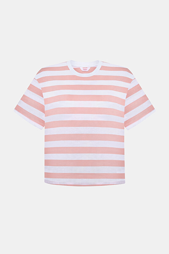 Kısa Kollu Pembe Çizgili Crop Tişört Kısa Kollu Pembe Çizgili Crop Tişört - 6