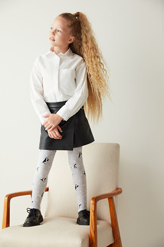 Kül Rengi Kız Çocuk Penguen Desenli Külotlu Çorap - 1