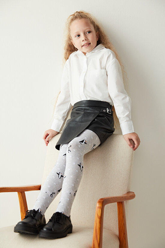 Kül Rengi Kız Çocuk Penguen Desenli Külotlu Çorap - 3