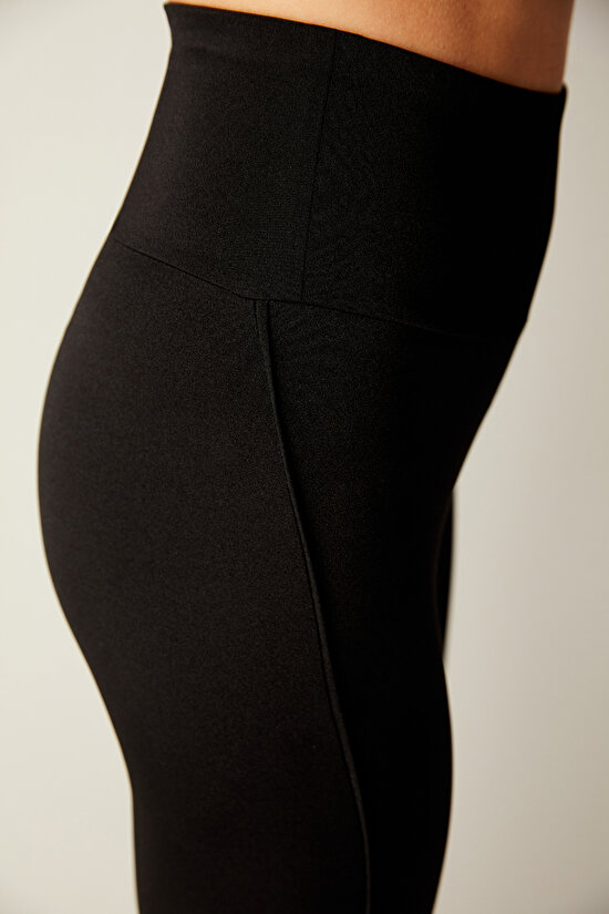 Siyah Yüksek Bel Parlak Bilek Boy  Tayt - 7