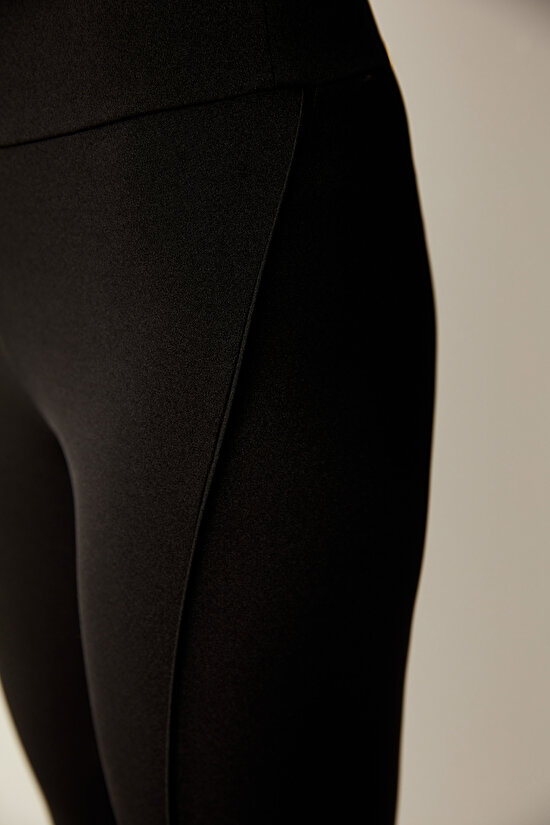 Siyah Yüksek Bel Parlak Bilek Boy  Tayt - 8